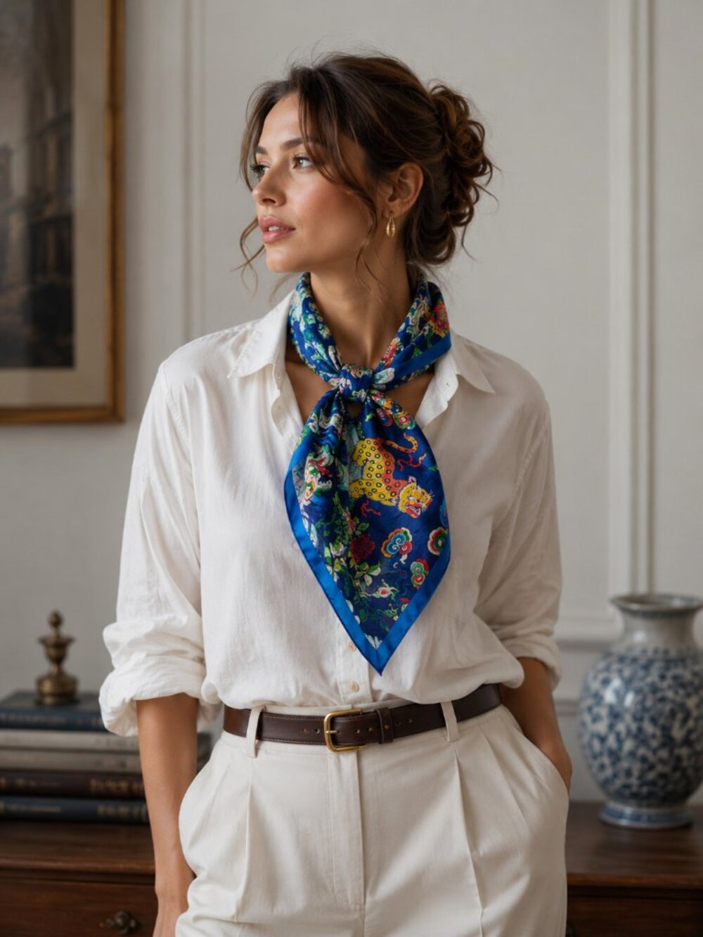 The MET Museum 100% Silk Triangle Scarf Blue Leopard Floral Art Print Bandana